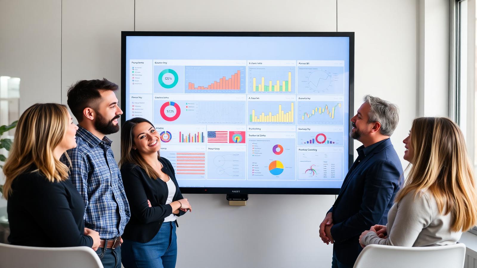 UK business team gathered around a large screen showing colourful Power BI dashboards