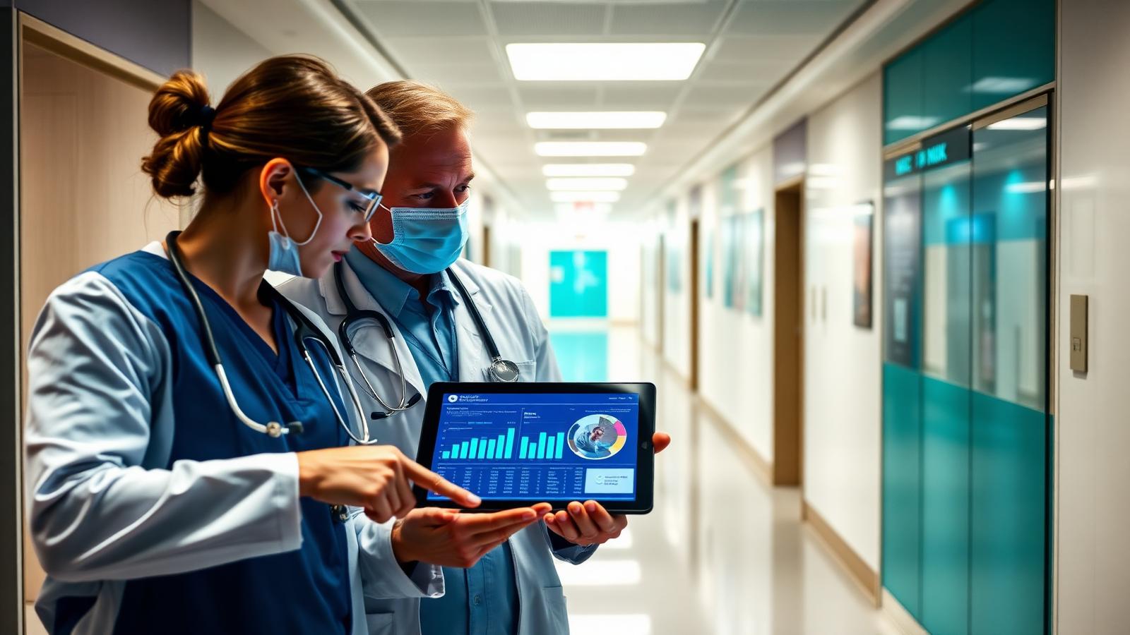 Doctor and nurse reviewing a Power BI healthcare analytics dashboard on a tablet in a UK hospital