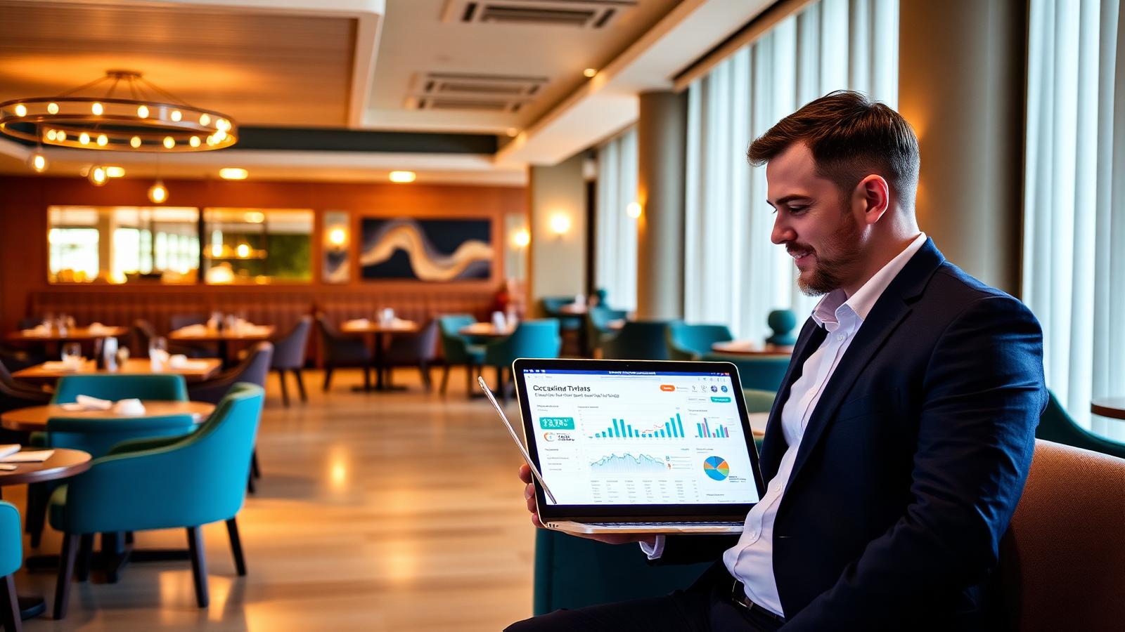 Hospitality manager reviewing a Power BI occupancy and revenue analytics dashboard on a laptop