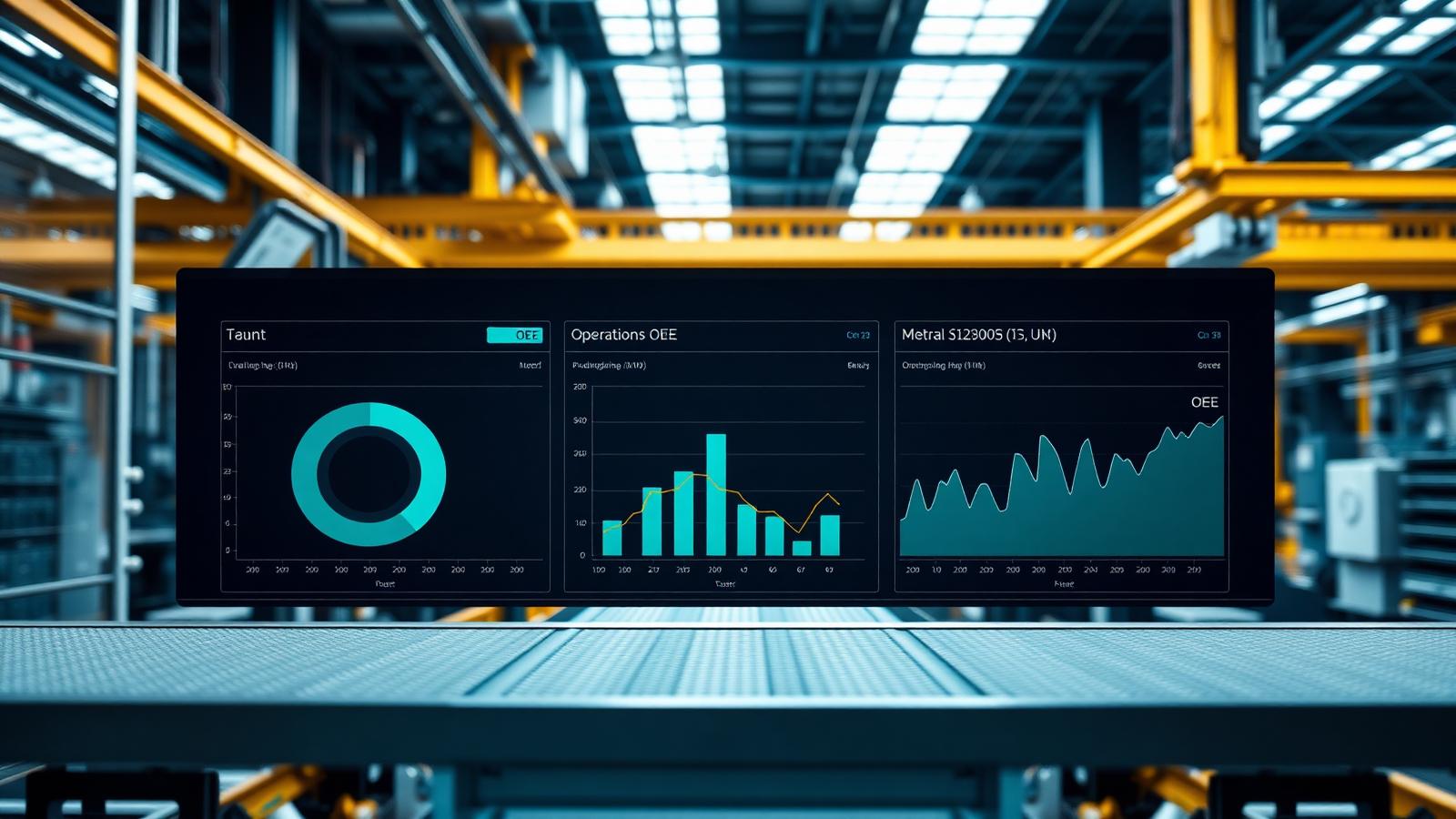 Manufacturing shop floor with a Power BI dashboard overlay