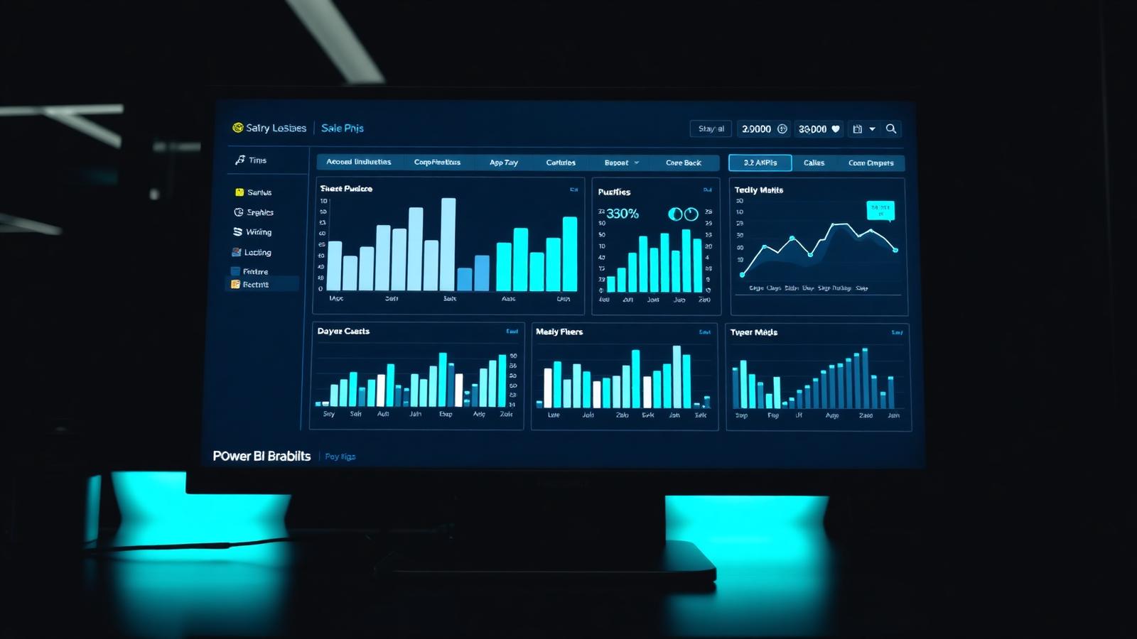 Power BI dashboard on a large monitor showing sales KPIs, bar charts and trend lines