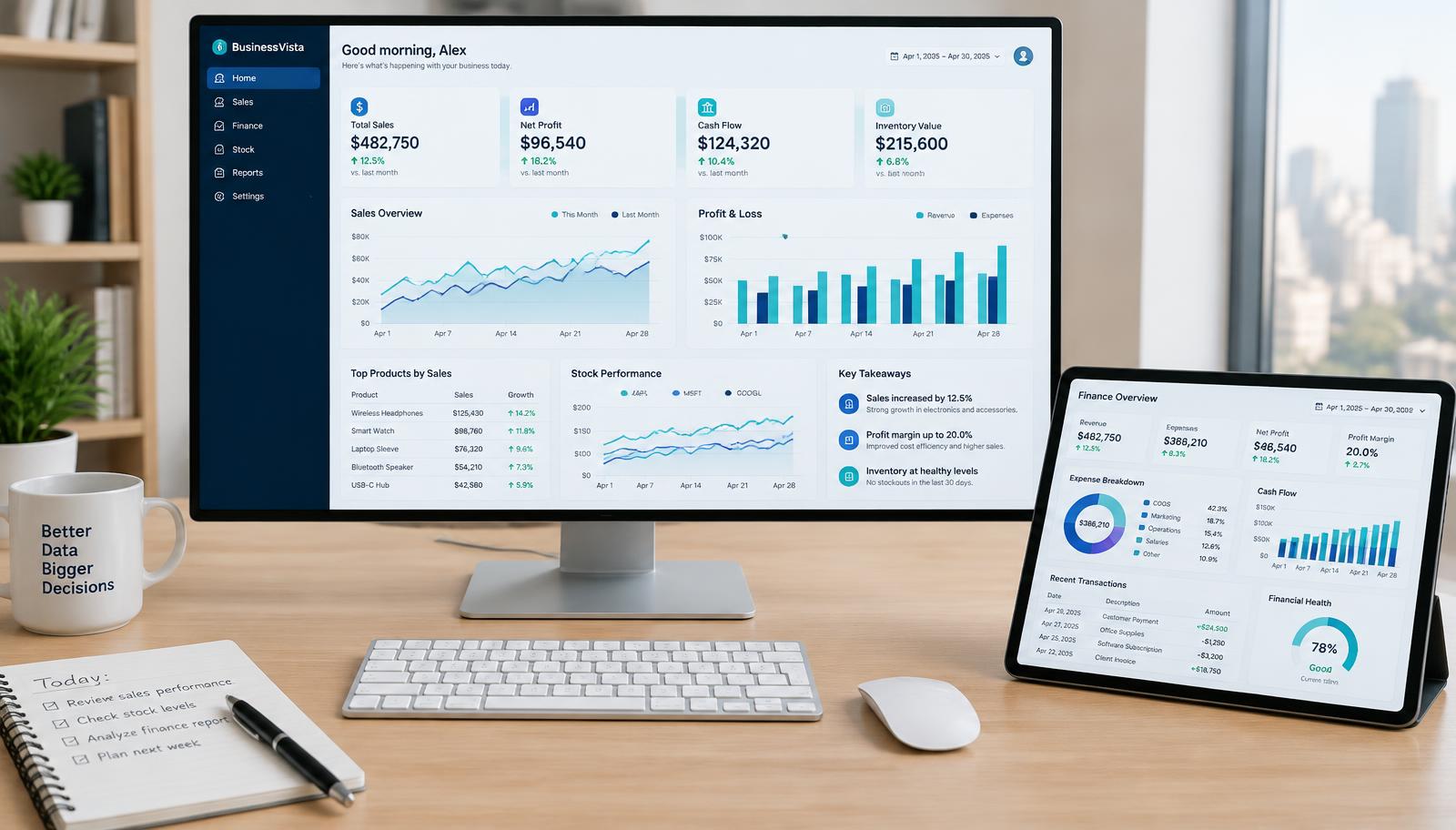 Power BI style sales and finance dashboard examples shown on a desktop monitor and tablet