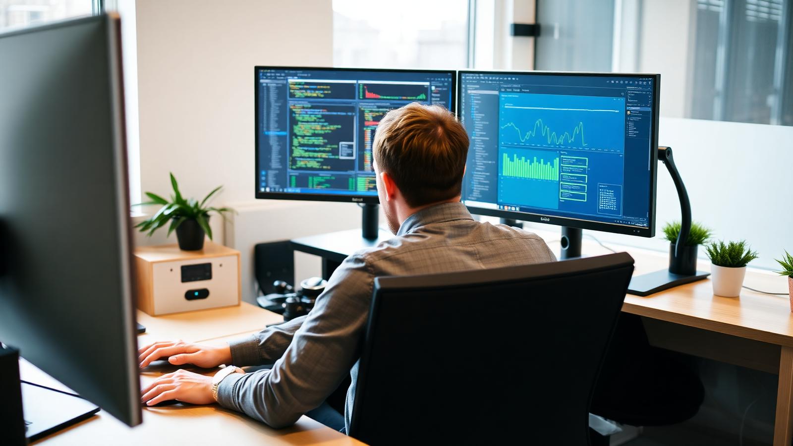 Senior UK Power BI developer building DAX measures and dashboards on dual monitors