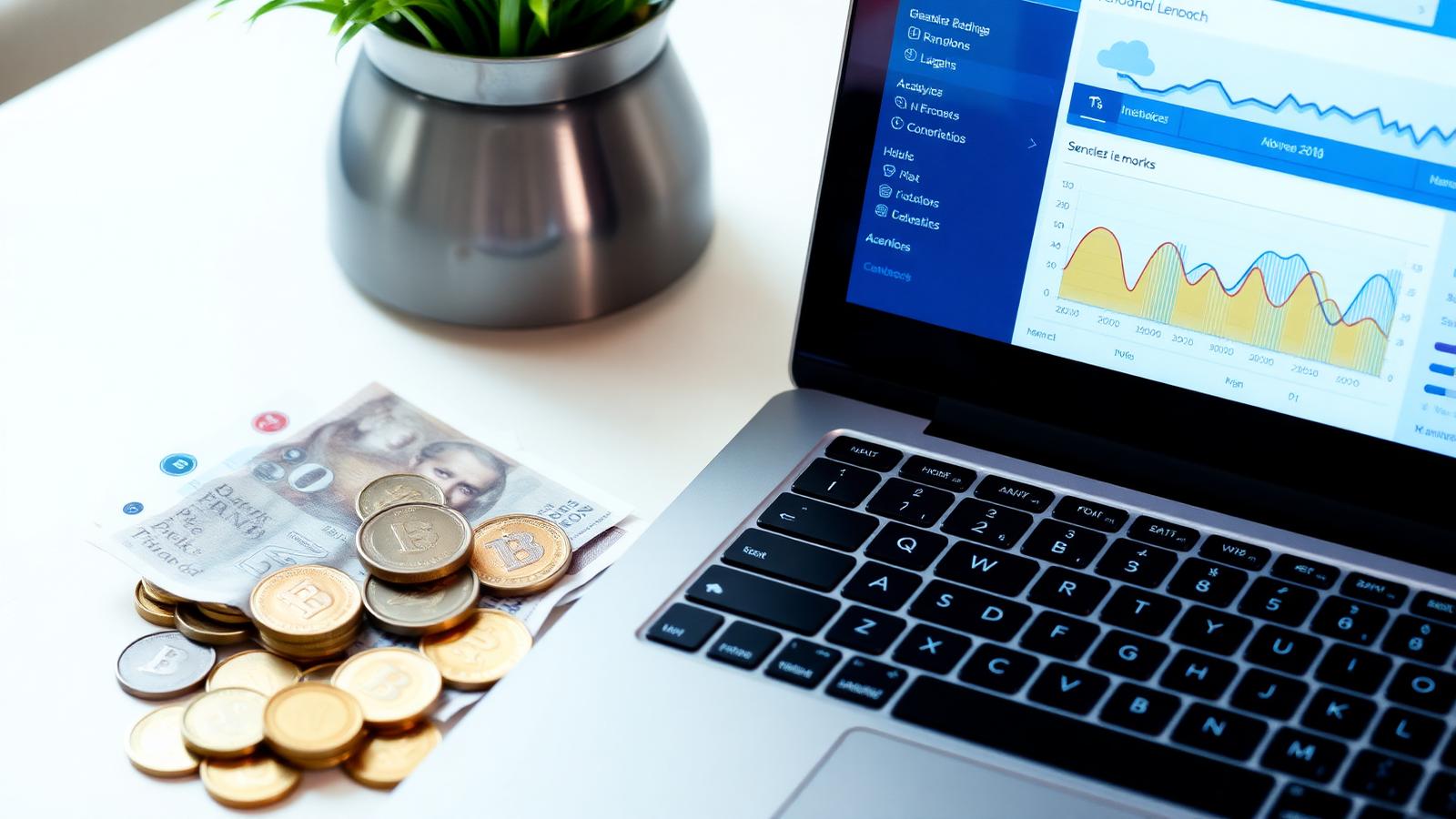 UK banknotes and coins beside a laptop showing a Power BI analytics dashboard