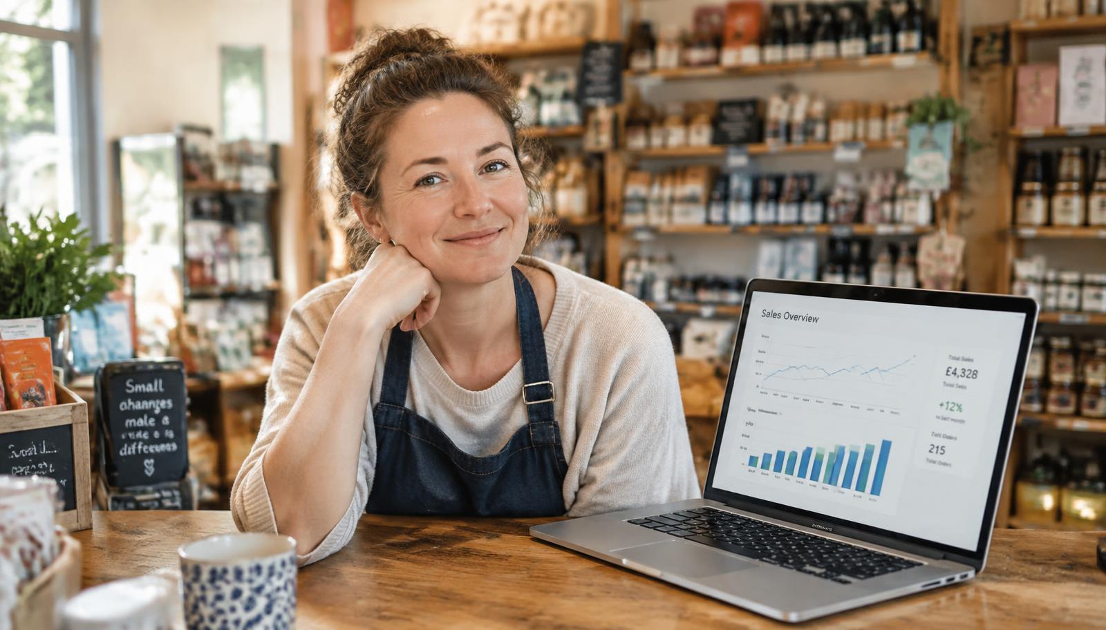 Small independent shop owner at the counter with a laptop showing a simple sales overview dashboard