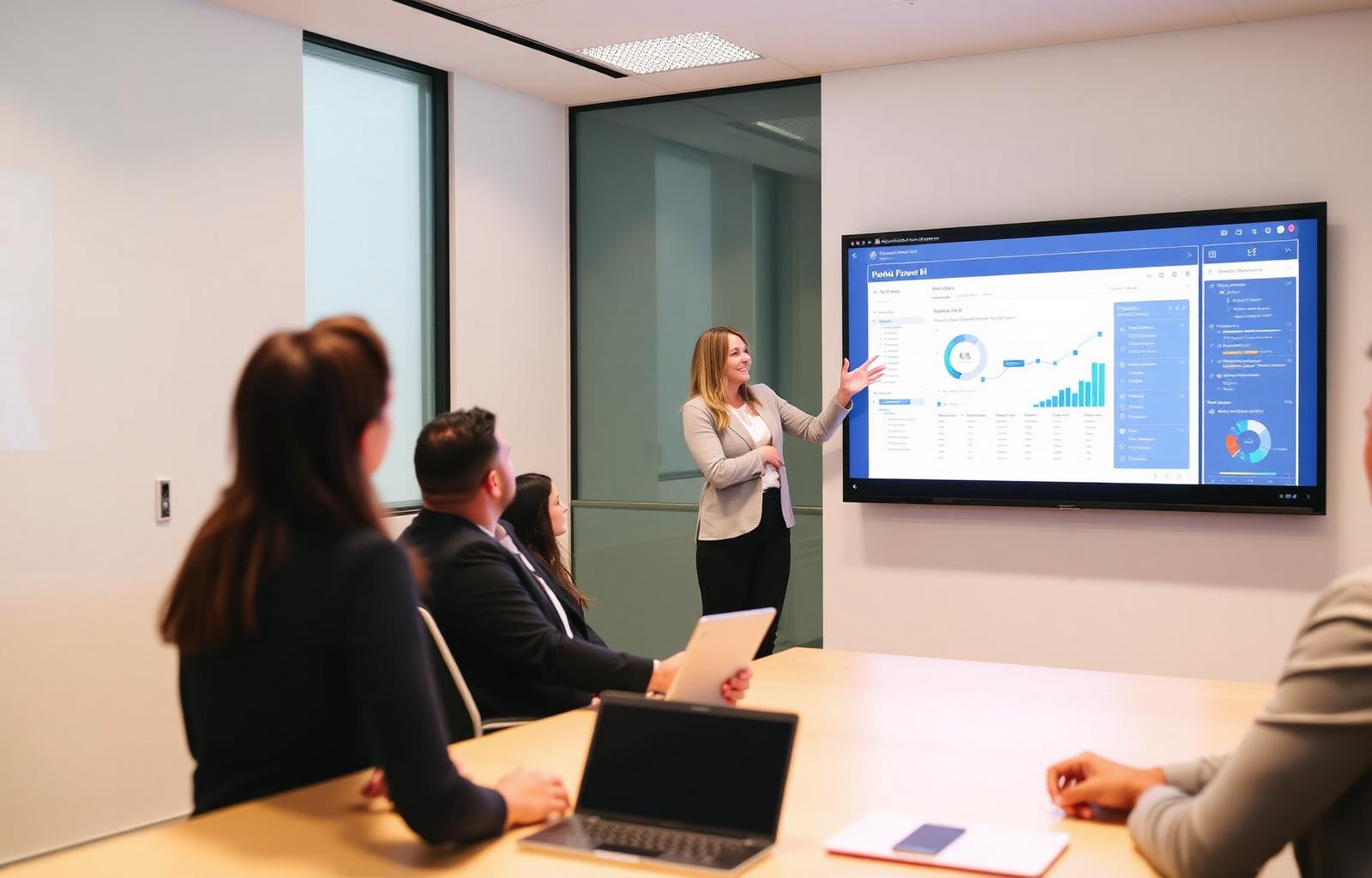 A Power BI trainer presenting a dashboard to a small group of attentive professionals